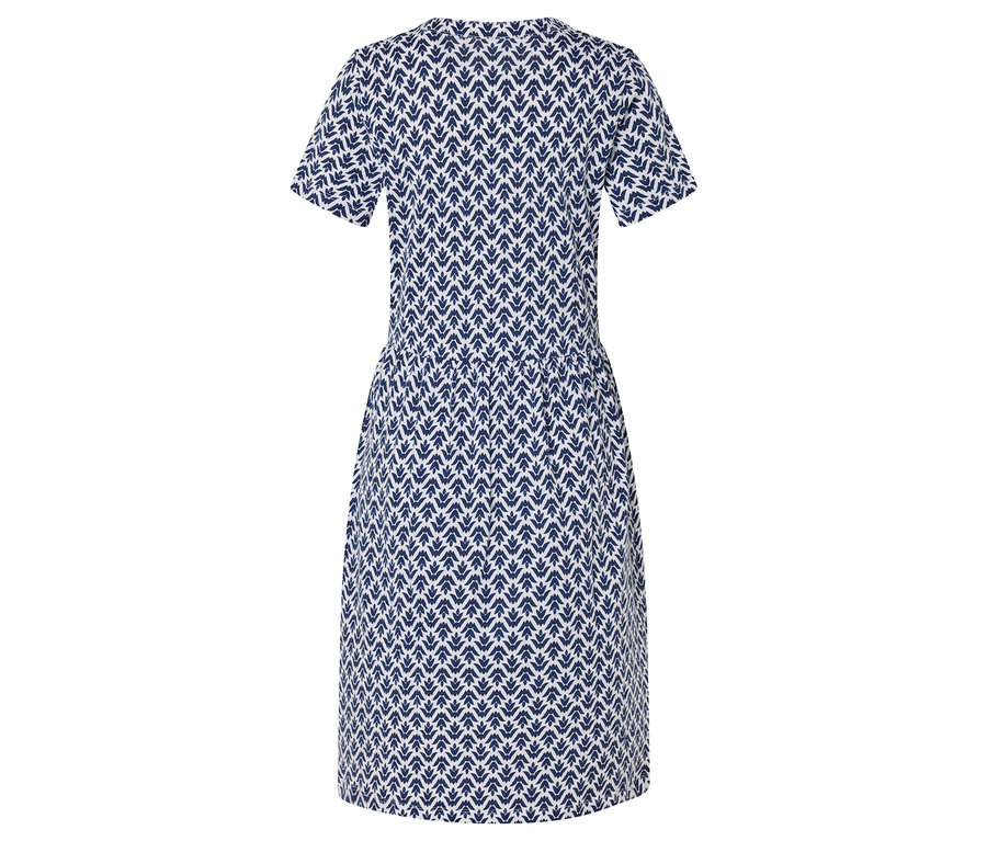 Hátulnézet egy rövid ujjú, kék-fehér mintás ruháról.