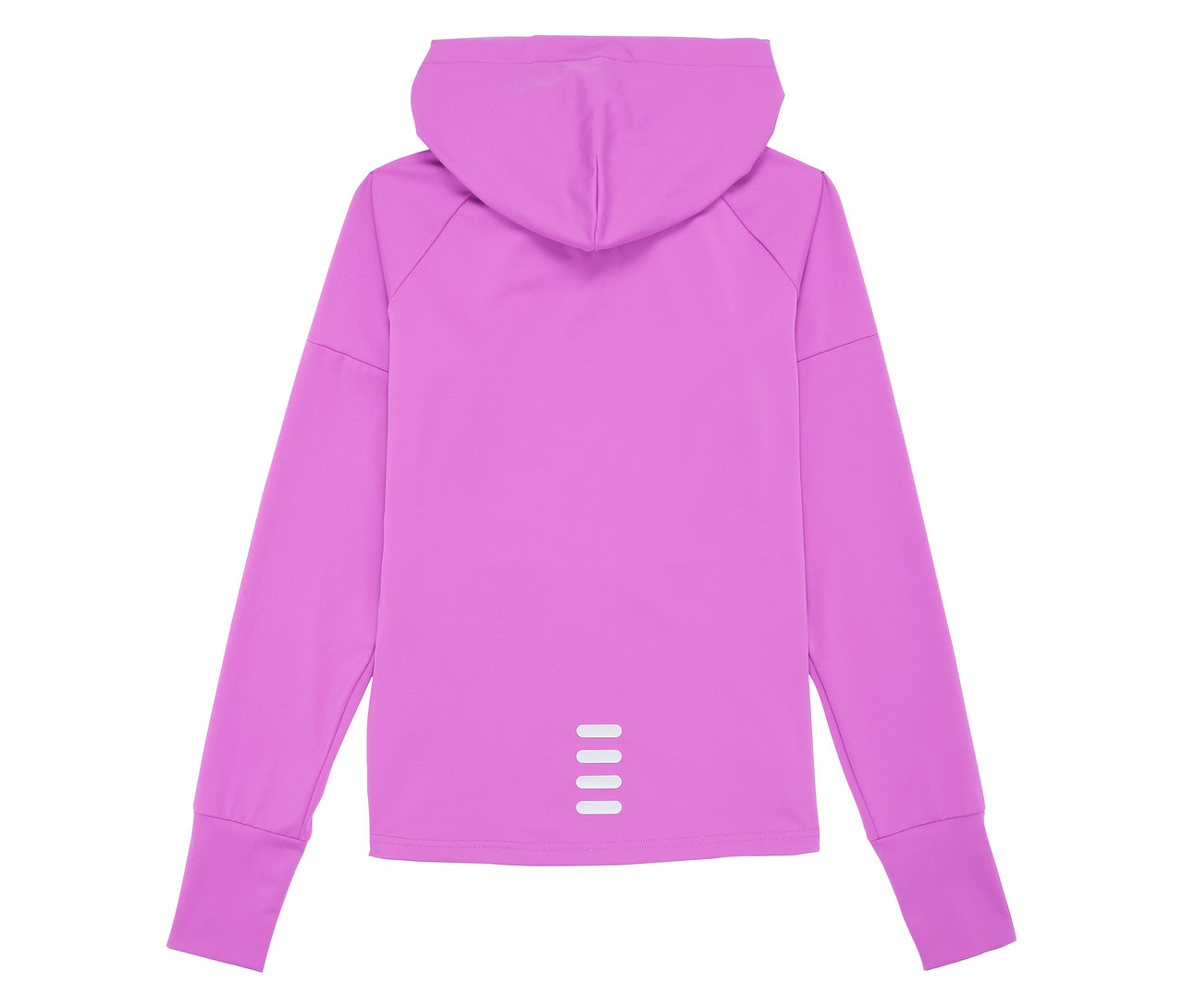 Hátulnézet egy lila FILA női funkcionális kabátról kapucnival és hosszú ujjakkal.