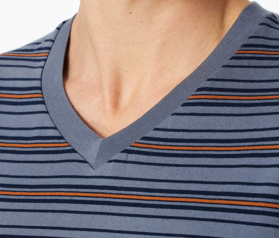 Közeli kép egy kék, csíkos, V-nyakú pólót viselő férfiról.