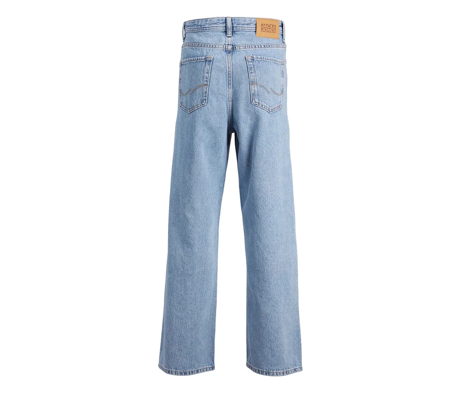Jack&Jones JJOrginial Alex világoskék farmernadrág, hátulról nézve, széles szárral és hátsó zsebekkel.