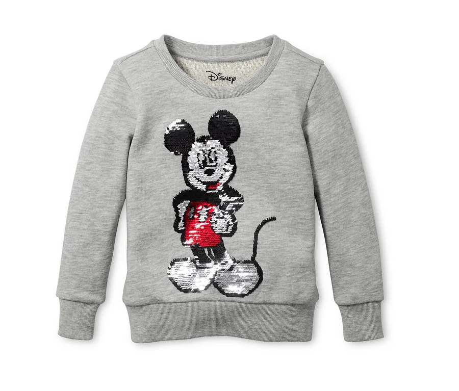 Szürke Disney pulóver, elöl flitteres Mickey egérrel.