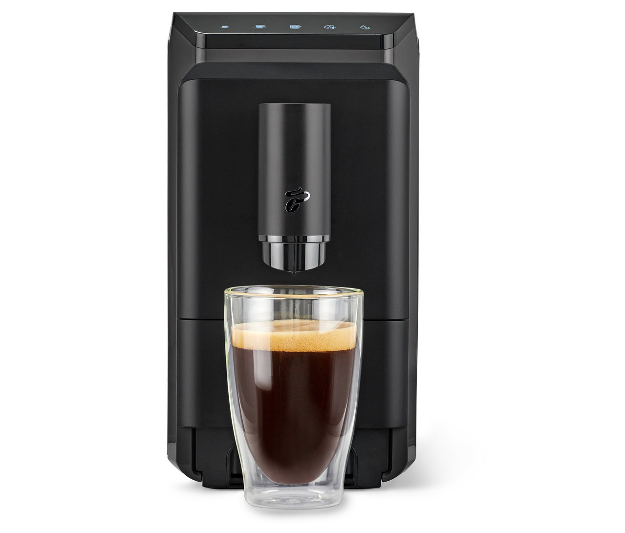 Fekete »Esperto mini« kávéfőző egy csésze kávéval.