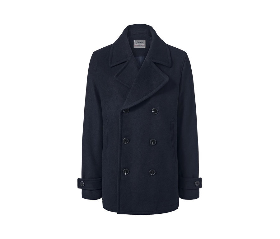 Egy sötétkék, kétsoros gombolású férfi tengerészkabát, gyapjúval.