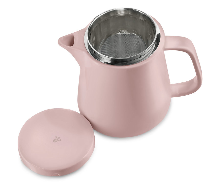 Rózsaszín kerámia kávéskanna rozsdamentes acél szűrővel és a mellette lévő fedővel.