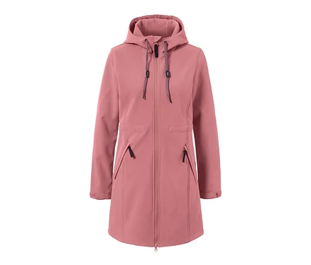Rózsaszín, kapucnis, cipzáras, zsebes női softshell kabát.