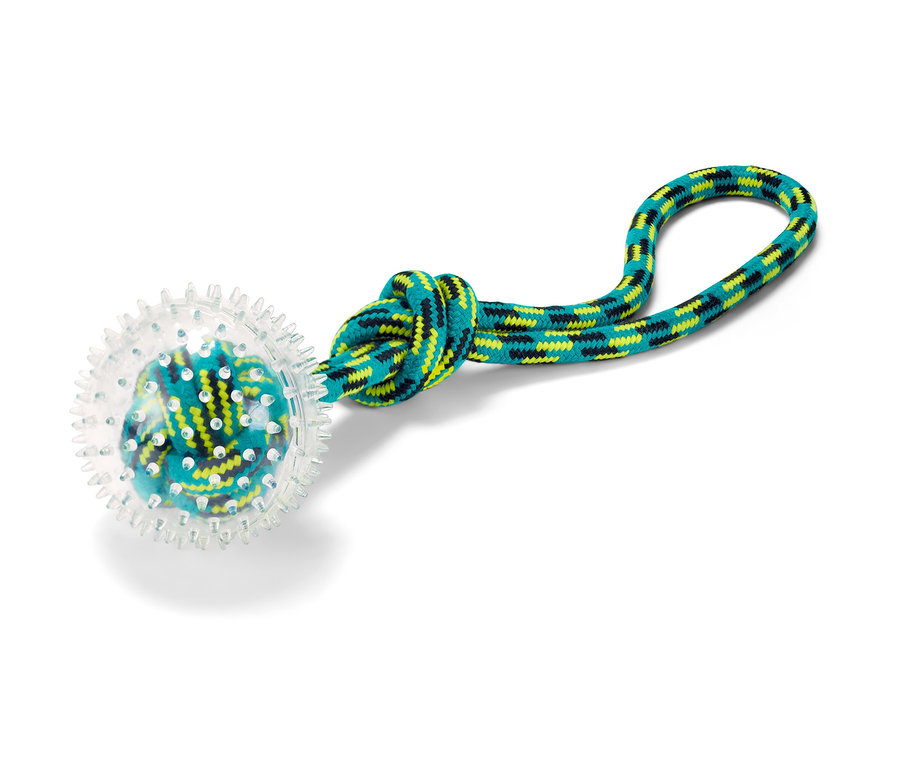 Dobójáték kutyáknak, átlátszó labdával és kék-zöld kötélfogantyúval.