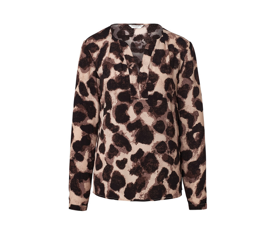 Leopárdmintás női blúz, mély V-nyakkivágással és hosszú ujjakkal.