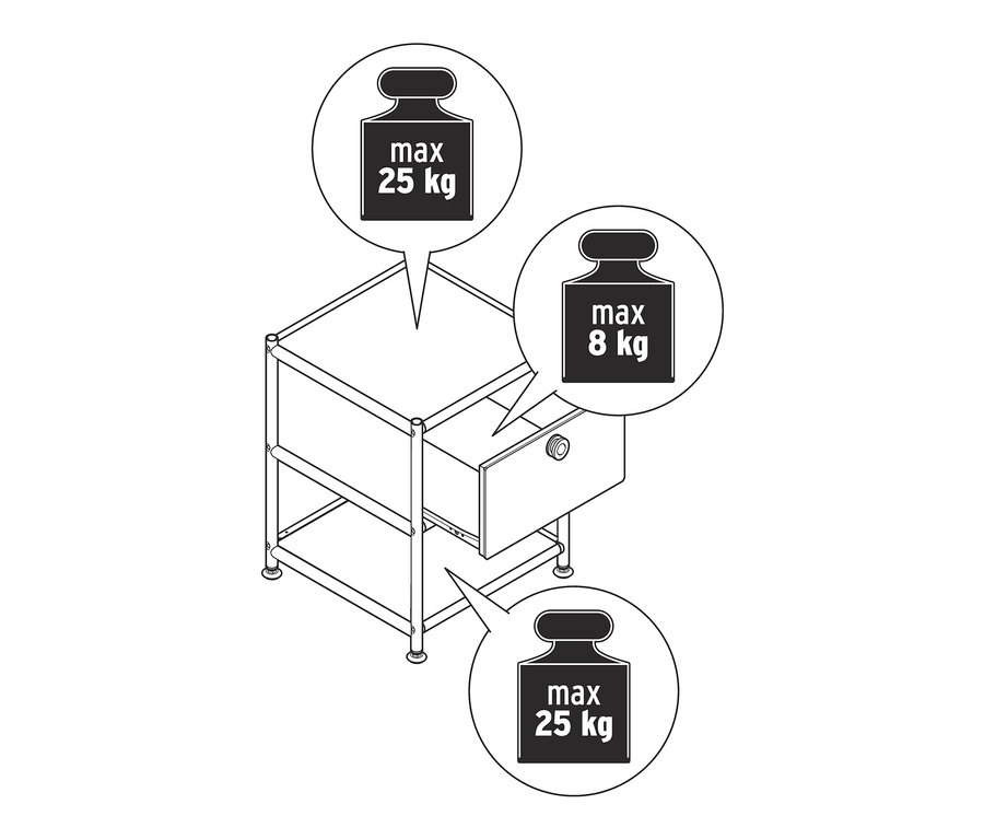 Vázlat egy kék »CN3« fémasztalról fiókkal és súlykorlátozásokkal.