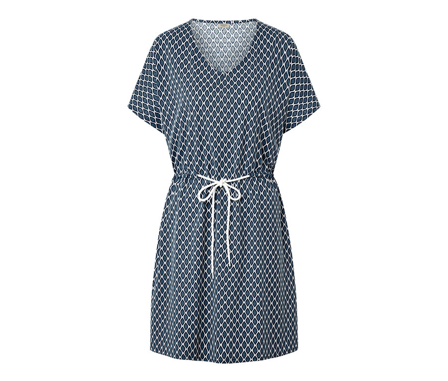 Kék, mintás női strandtunika, fehér színű megkötővel.