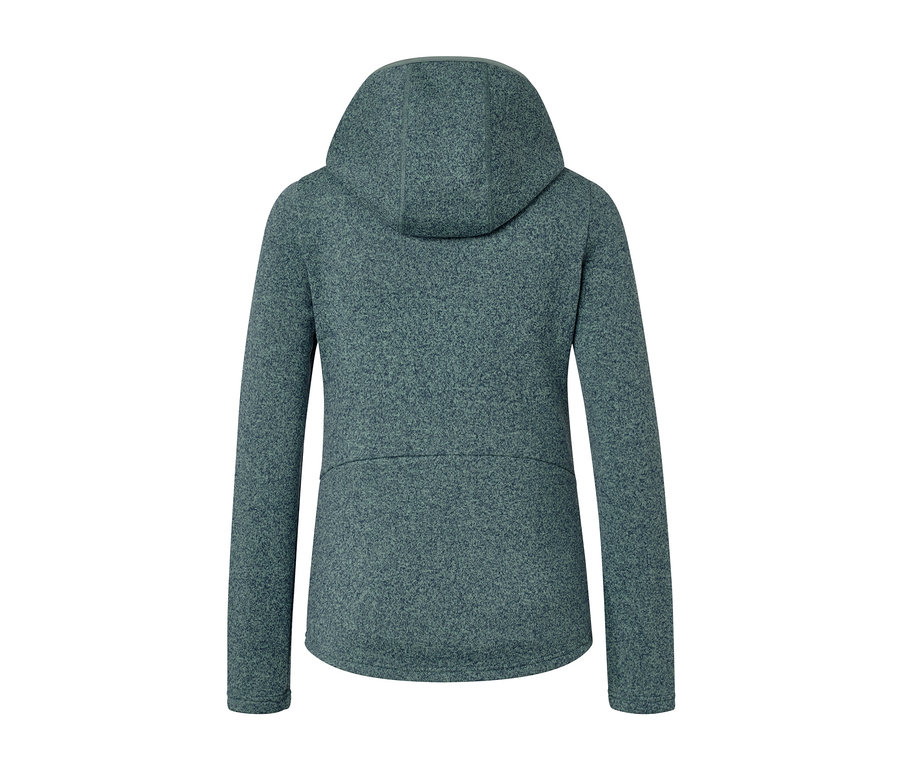 Hátulnézet a melírozott menta színű kötött polárfelsőről kapucnival.