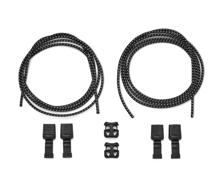 Két pár rugalmas cipőfűző és fekete műanyag kapcsok.