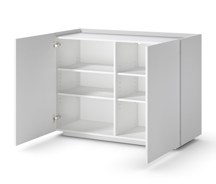 Nyitott fehér szekrény hat polccal.