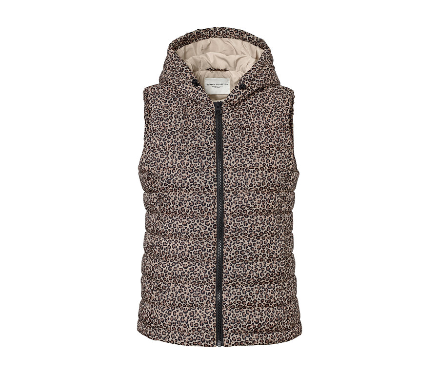 Nyomott mintás, kapucnis steppelt mellény.