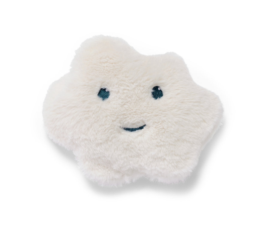 Fehér, csillag alakú, cseresznyemag melegítőpárna hímzett szemekkel és mosollyal.