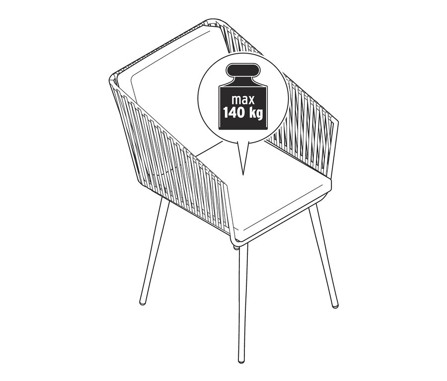 Egy textilhálós étkezőszék vázlata, melynek maximális terhelhetősége 140 kg.