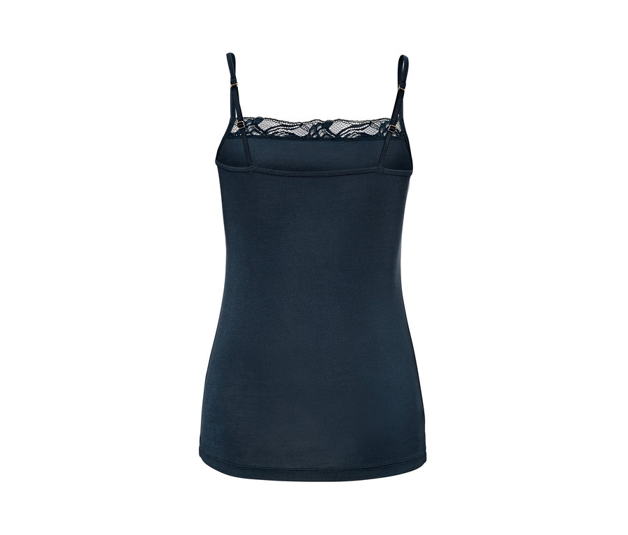 Sötétkék modál trikó csipkével.