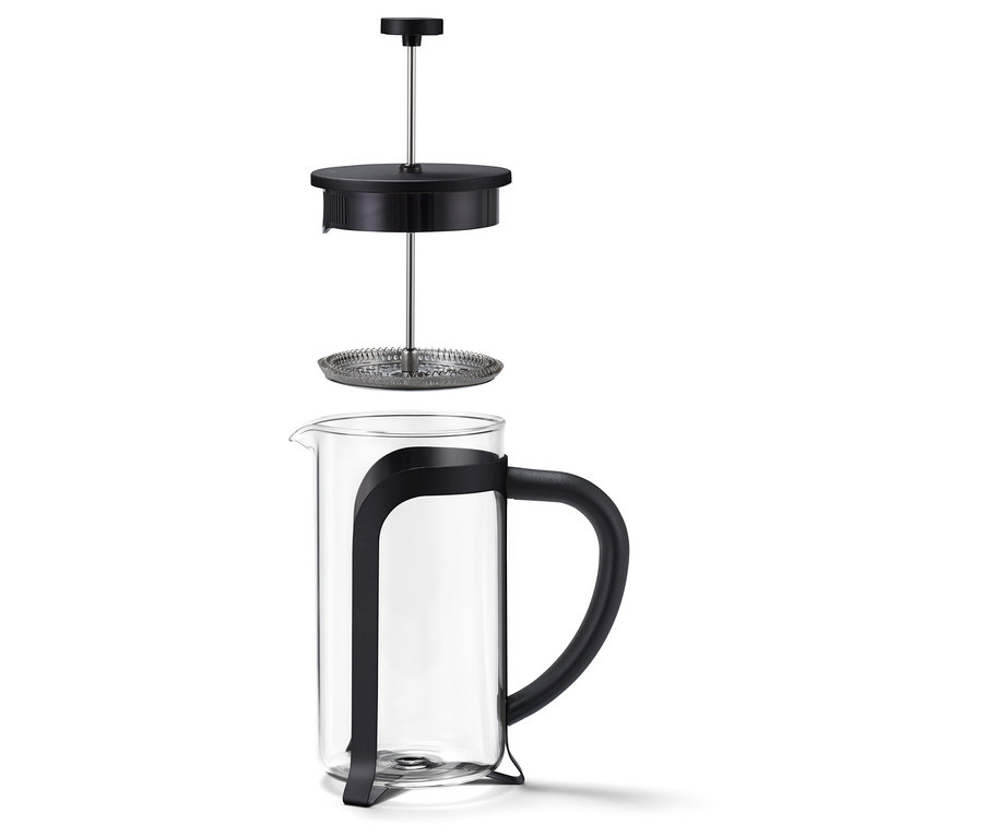 Egy szétszerelt fekete dugattyús kávéfőző, 800 ml-es, 6 csészés.