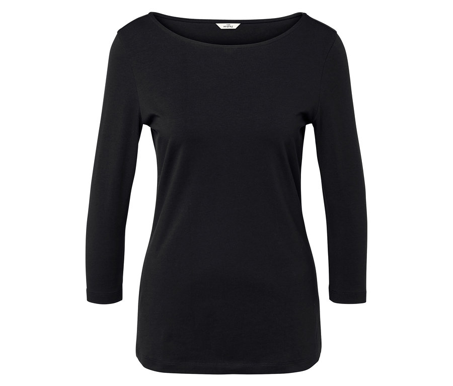 Fekete, háromnegyedes ujjú, kerek nyakú póló.