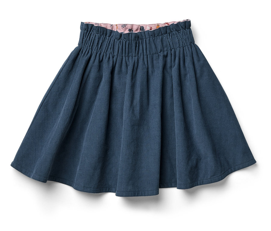 Kék kordbársony szoknya virágos derékpánttal.