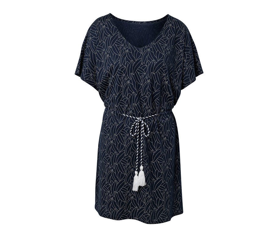 Sötétkék strandtunika fehér levélmintával és húzózsinórral a derékrészen.
