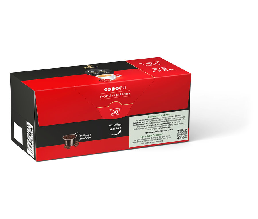Egy piros és fekete Cafissimo Espresso elegant csomag 30 kapszulával.