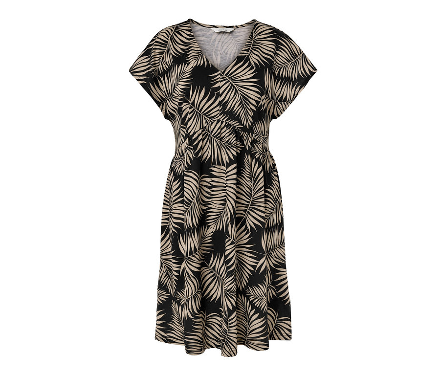 Fekete és bézs színű leveles mintás jerseyruha.