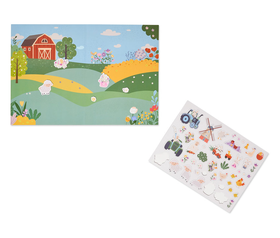 Kihajtható játékoskönyv farm jelenettel és egy külön matricáslap háziállatokkal és járművekkel.