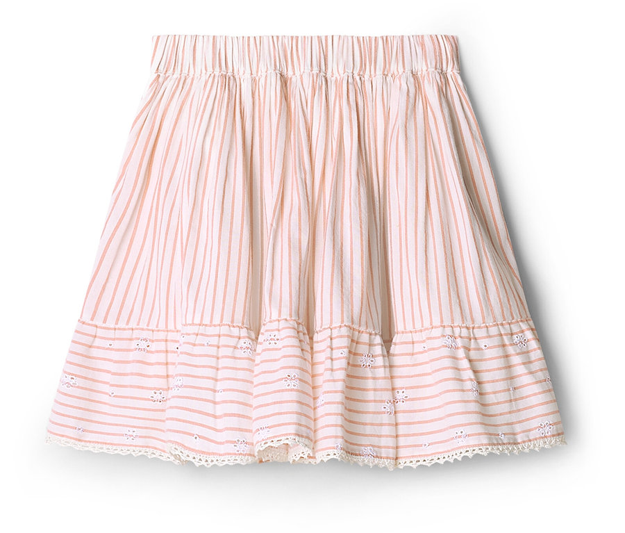 Egy fehér, rózsaszín csíkos, fodros szegélyű szoknya fekszik egy fehér háttéren.