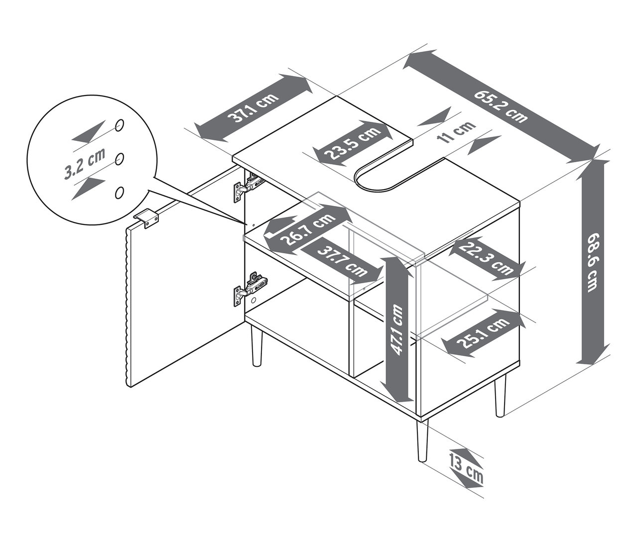 A »SONARI« mosdó alatti szekrény részletes, ajtóval ellátott sematikus ábrázolása, minden méretet beleértve.