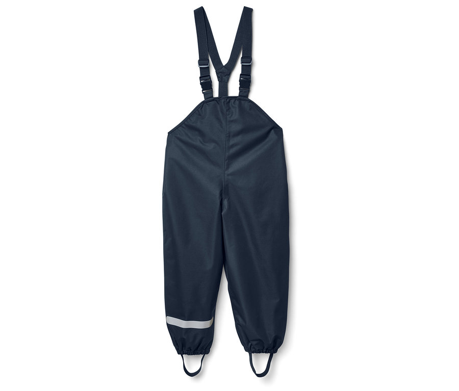 Sötétkék esőnadrág kantárral, fényvisszaverő csíkokkal a lábakon.