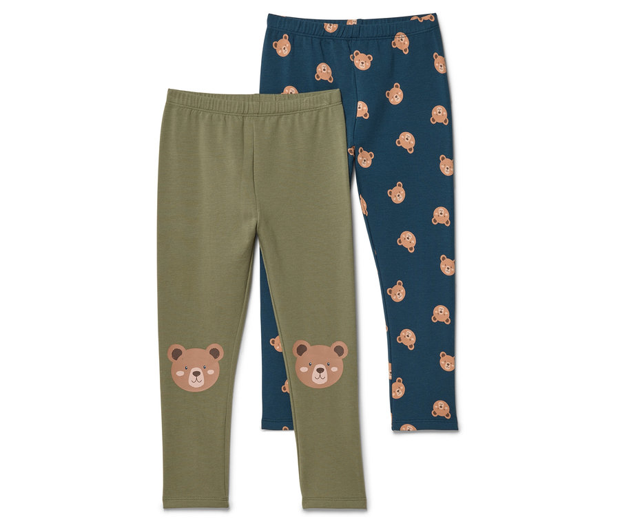 Két leggings: egy olívazöld, térdén maci-rátéttel, egy sötétkék, macimintával.