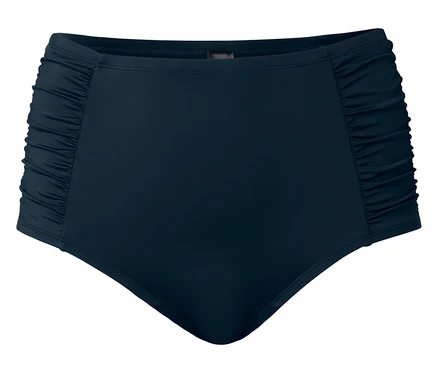 Tengerészkék bikinialsó ráncolt oldalakkal.