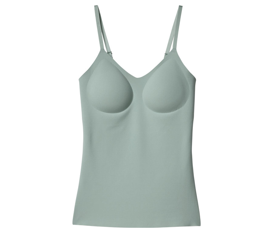 Világoszöld, V-nyakú, beépített melltartós trikó.