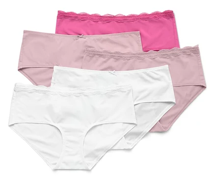 Öt pamut alsónadrág fehér, rózsaszín és pink színekben egymásra helyezve.
