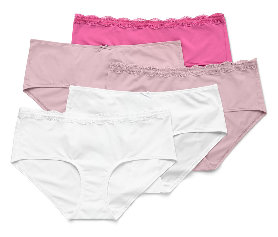 Öt pamut alsónadrág fehér, rózsaszín és pink színekben egymásra helyezve.