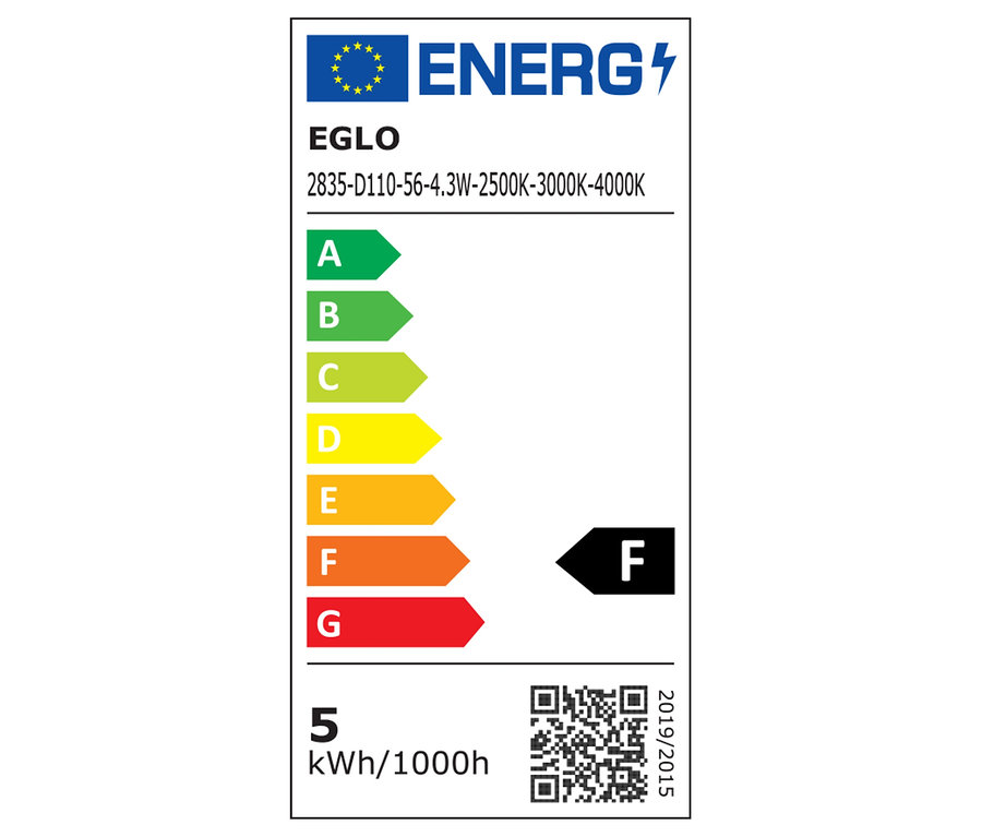 Az EGLO 2835-D110-56-4.3W energiacímkéje az F energiahatékonysági osztályt és az 5 kWh/1000h fogyasztást mutatja.