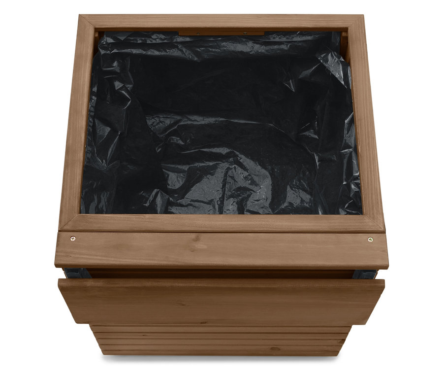 Felülnézet egy négyzet alakú, barna fa virágládára, belül fekete fóliával.