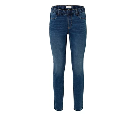 Kék slim-fit farmer elasztikus derékrésszel és elülső zsebekkel, „MY STYLE” címkével.