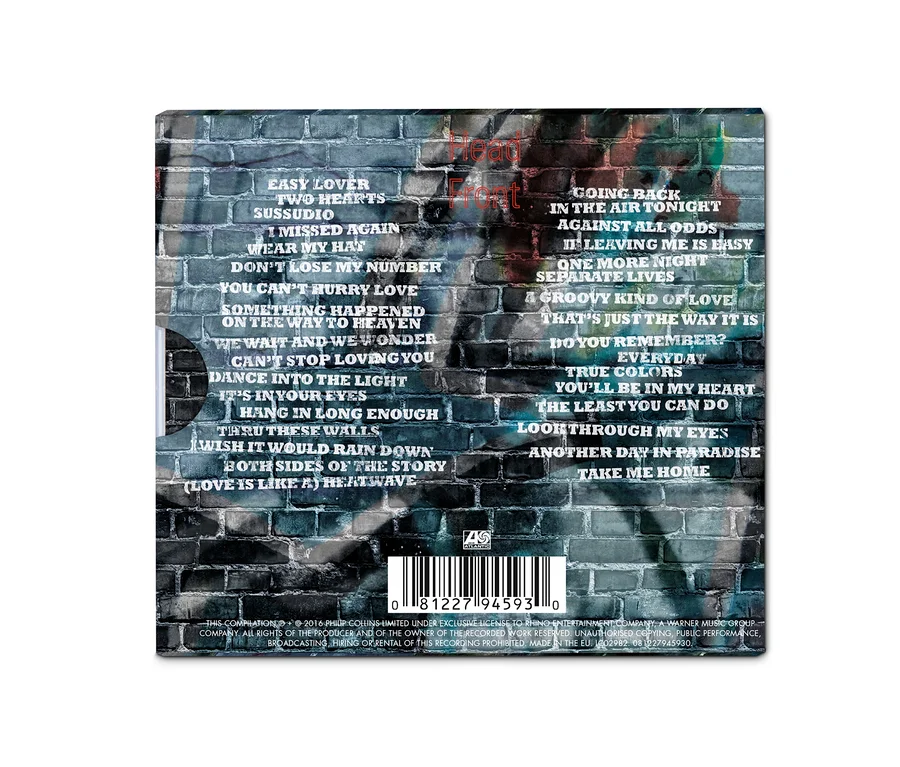 A CD, Phil Collins album számlistája téglafal háttér előtt.