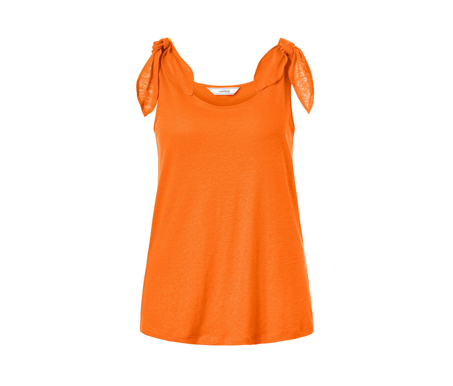 Narancssárga, csomózott vállú top.