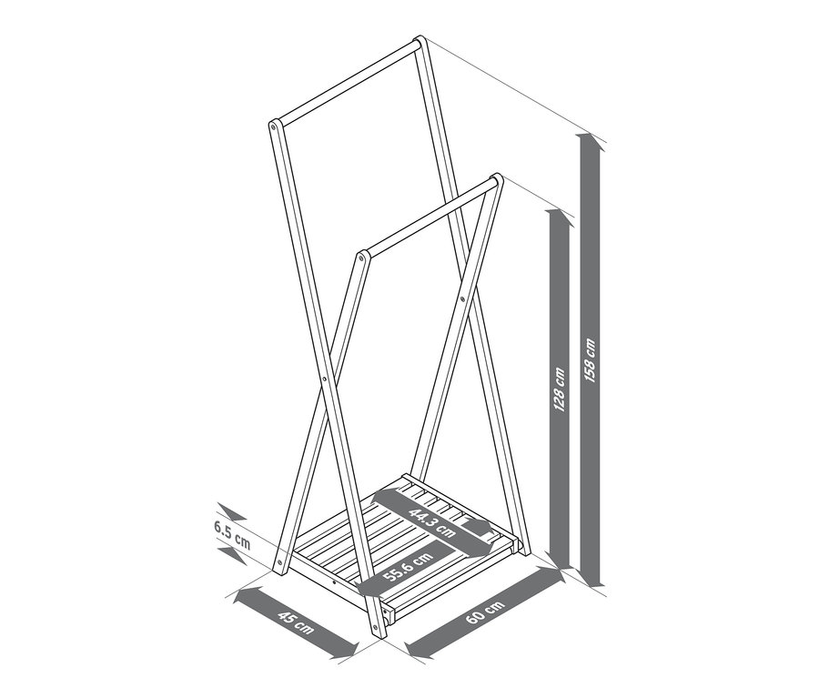 Egy összecsukható ruhaállvány ábrája méretekkel.