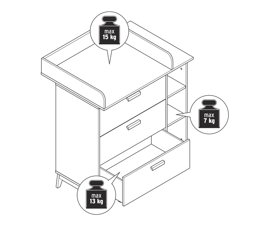 Egy pelenkázó komód vázlata nyitott fiókkal.