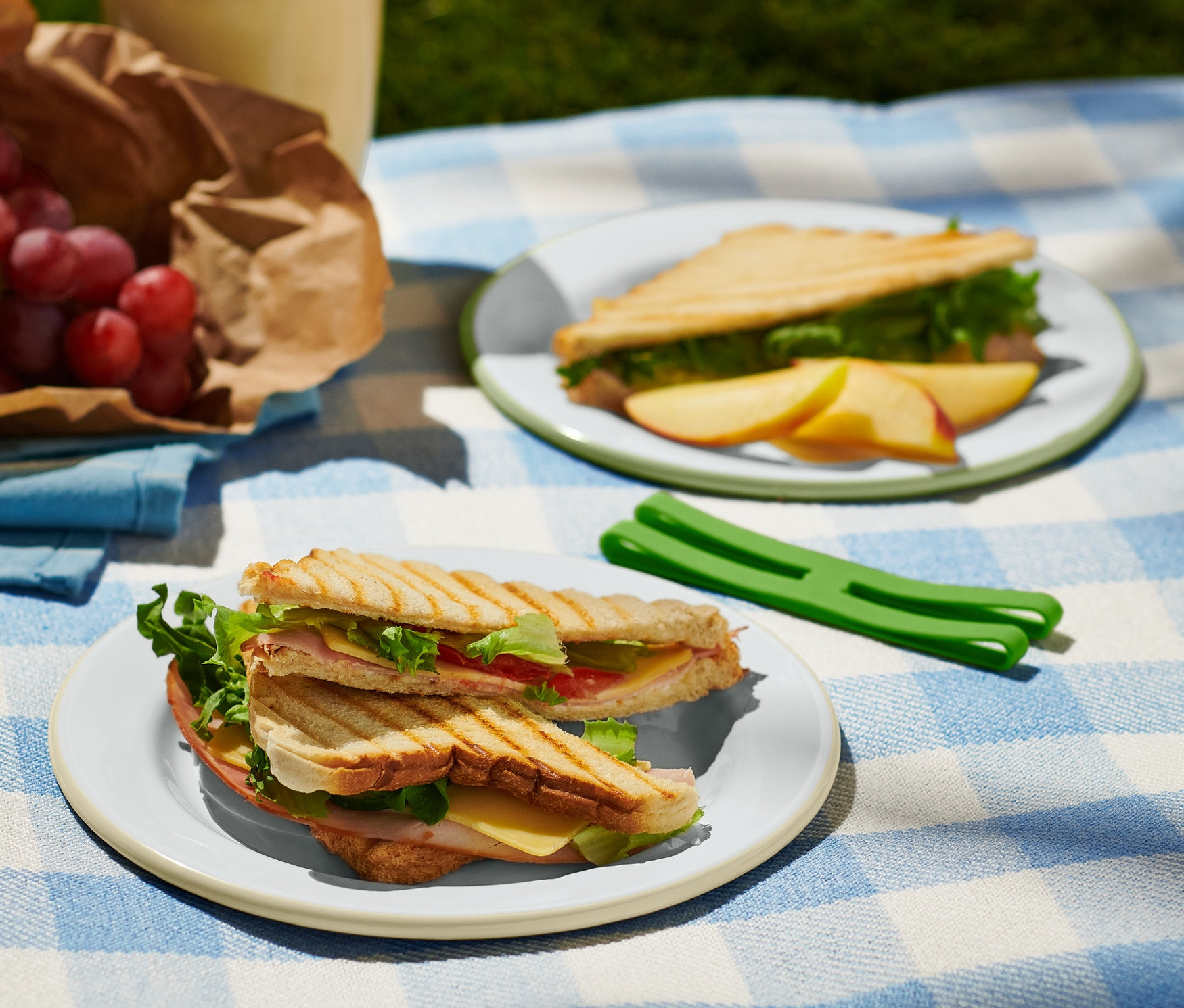 A kék-fehér kockás takarón két pikniktányér szendvicsekkel, szőlő egy papírzacskóban és egy ital látható.