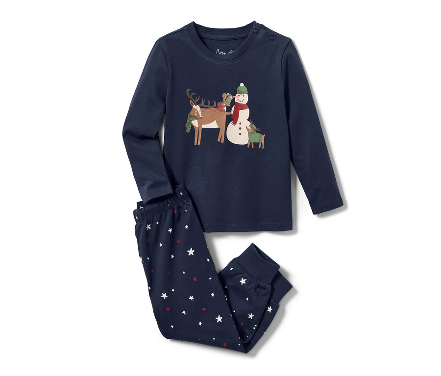 Sötétkék kisgyerek dzsörzé pizsama rénszarvas, hóember és szarvas illusztrációval.