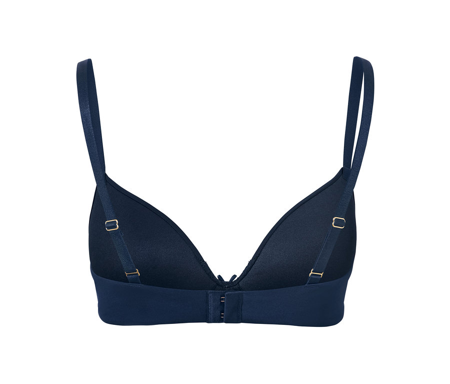 Kék, puha kosaras melltartó, hátsó nézet.