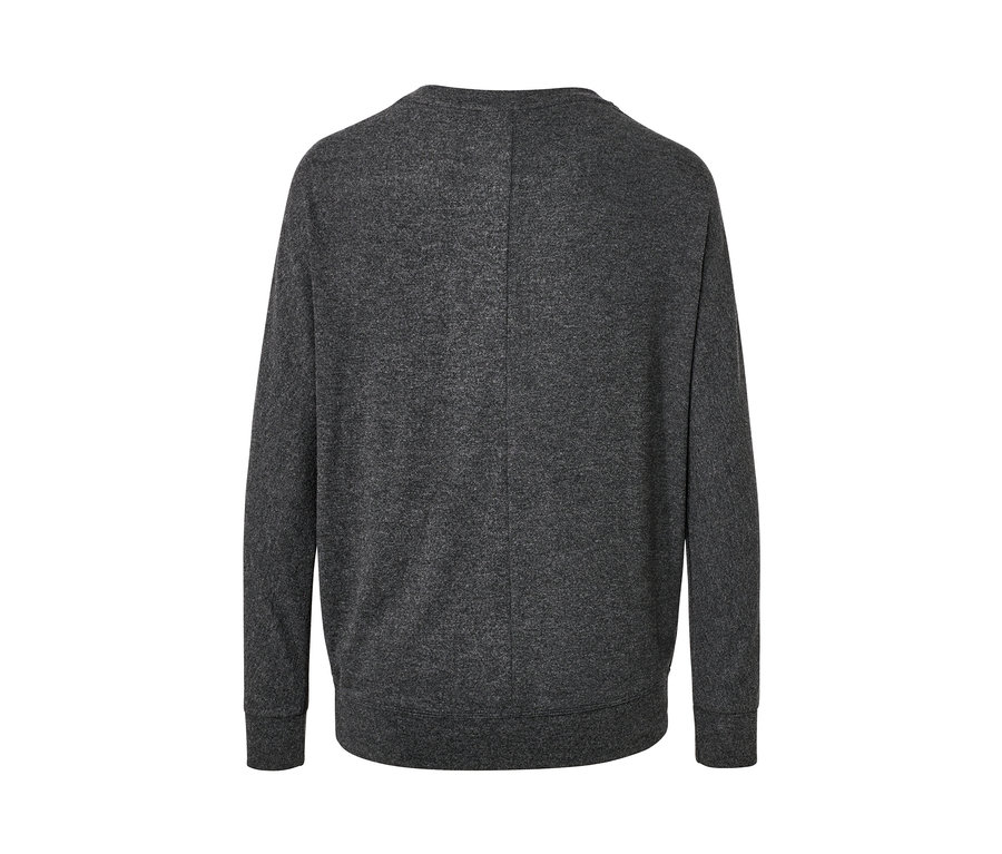 Egy melírozott sötétszürke női denevérujjú felső hátulról.