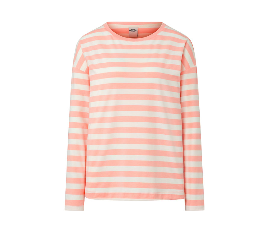 Rózsaszín-fehér csíkos női hosszú ujjú funkcionális felső.