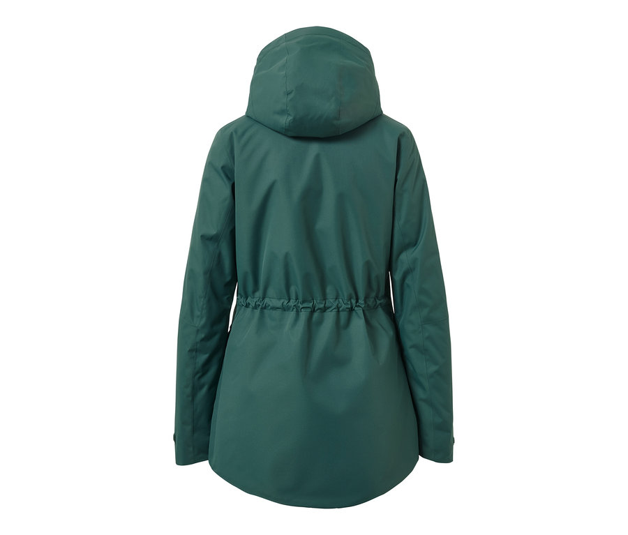 Hátulnézet egy sötétzöld női sí- és snowboard kabátról.