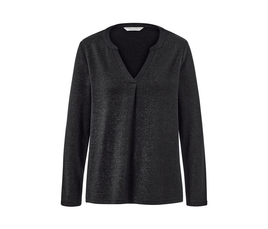 Női hosszú ujjú pólóblúz, csillogó, fekete.