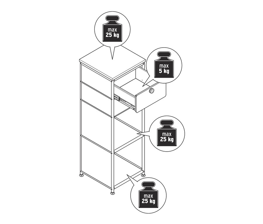 Egy keskeny, fehér fém »CN3« komód rajza fa tetőlappal és 2 fiókkal, melyből az egyik fiók nyitva van.